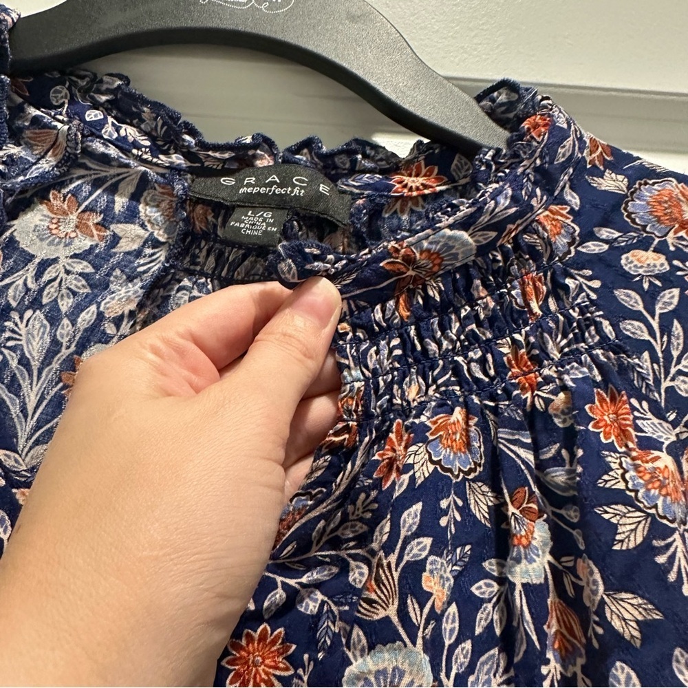 Grace Navy and Orange Floral Blouse - Picture 3 of 6